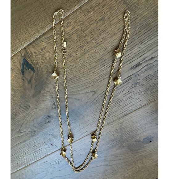 Monet Vintage Gold Tone Chain Station Necklace with Gold Cube Beads 26" - Picture 5 of 8